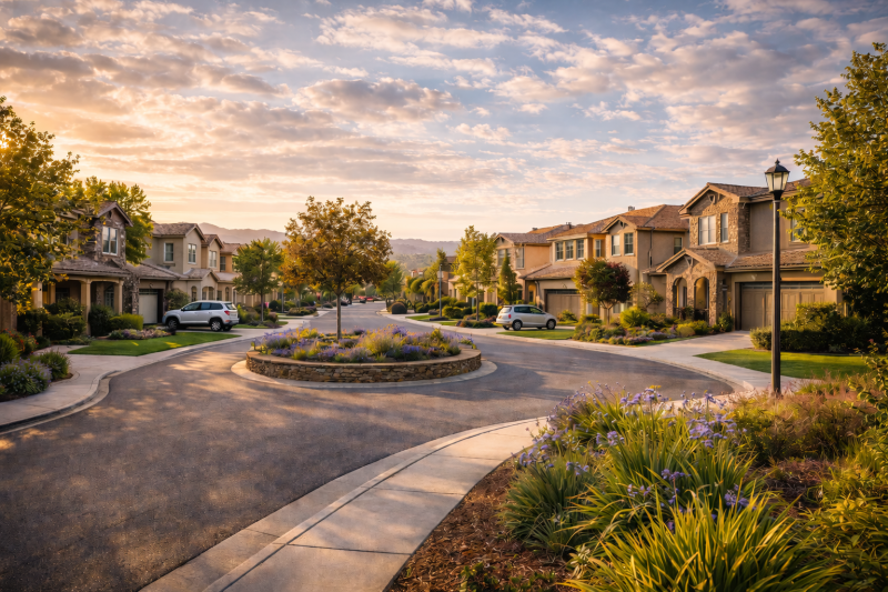 Residential street in 4S Ranch San Diego featuring modern two-story homes, landscaped roundabout, palm trees, and warm sunset light in a quiet suburban setting.