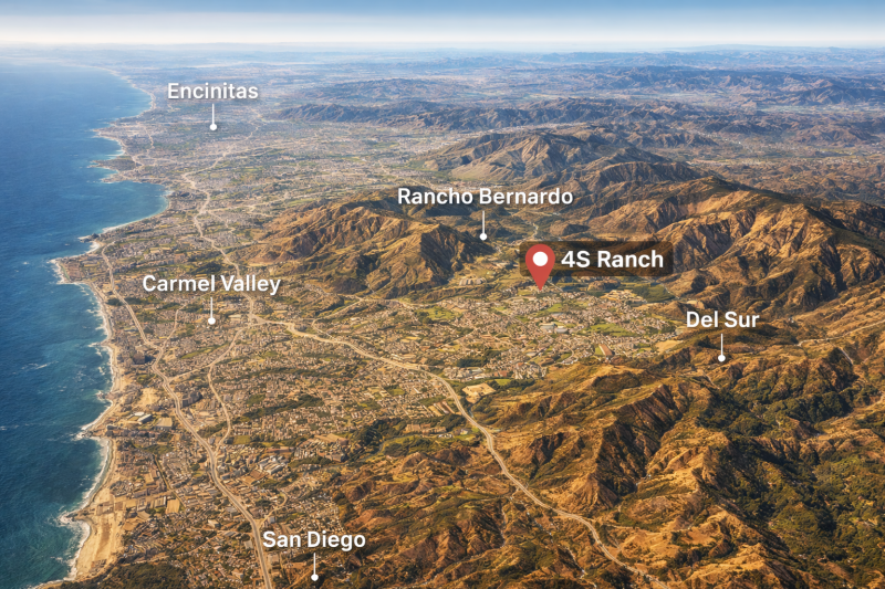 3D terrain map of San Diego County showing 4S Ranch highlighted inland, with surrounding areas including Rancho Bernardo, Carmel Valley, Del Sur, Encinitas, and the Pacific coastline.