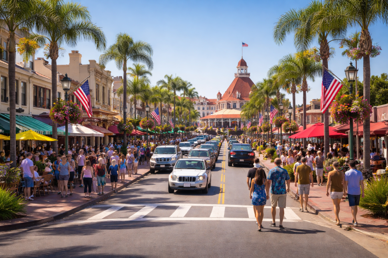 Crowded street in Coronado Village with tourists, palm trees, cars, and the Hotel del Coronado in the background on a sunny day.