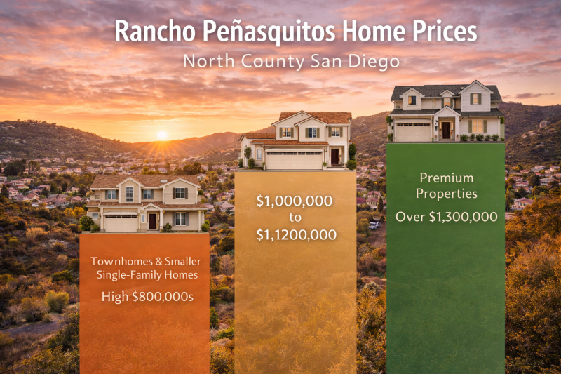 Infographic showing Rancho Peñasquitos home price ranges in North County San Diego from the high $800,000s to over $1.3 million