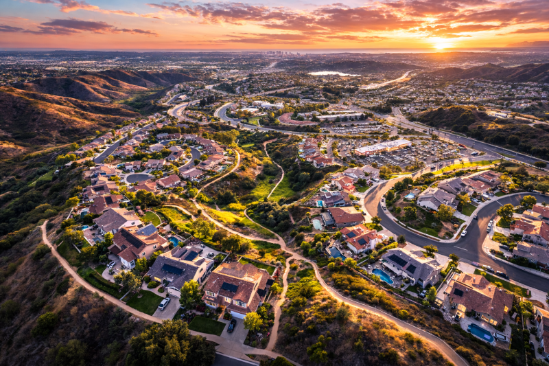 Overhead view of Rancho Peñasquitos showing hillside neighborhoods and North County San Diego landscape