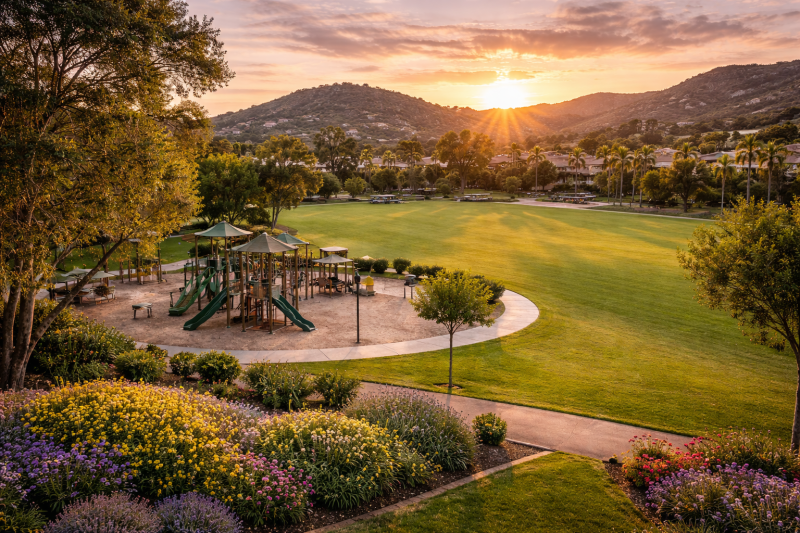 Community park and playground in Rancho Peñasquitos surrounded by North County San Diego hillside homes