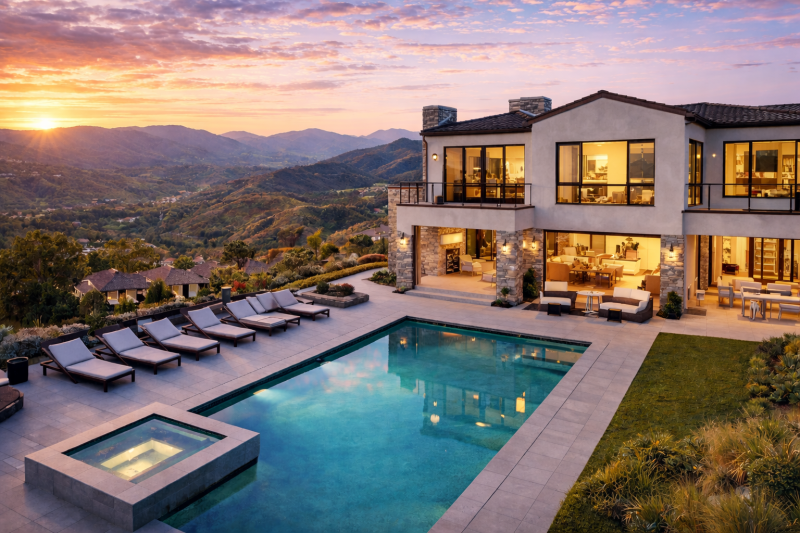 Modern luxury home in Rancho Bernardo with a large backyard pool, spa, and panoramic mountain views at sunset.