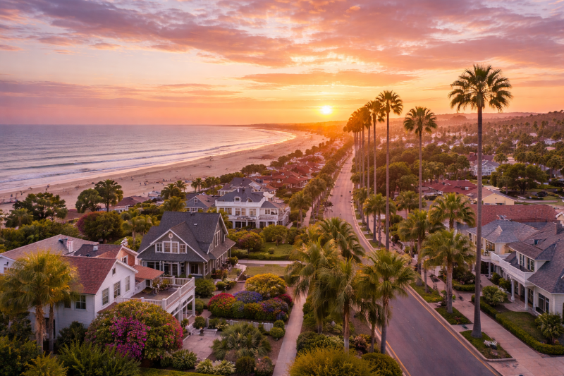 Aerial sunset view of Coronado neighborhood with palm-lined streets, coastal homes, and the Pacific Ocean in the distance.