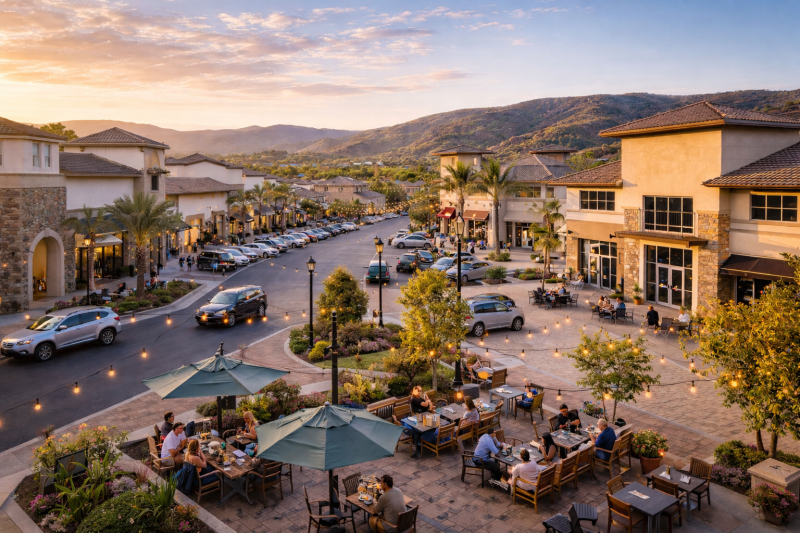 Outdoor shopping and dining area in 4S Ranch San Diego featuring modern Mediterranean-style buildings, patio seating, string lights, and rolling North County hills at sunset.