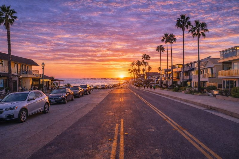 Street near the Pacific Beach boardwalk in San Diego with palm trees, beach cottages, and coastal homes just steps from the ocean