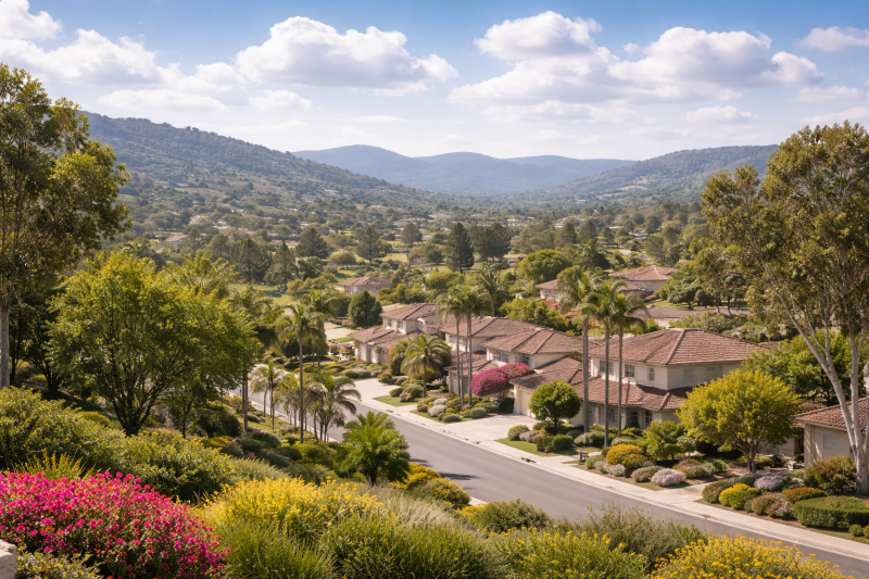 Elevated view of Rancho Bernardo in San Diego featuring a shaded residential neighborhood with Mediterranean-style homes, mature trees, rolling hills, and bright white fluffy clouds in a blue sky on a sunny day.