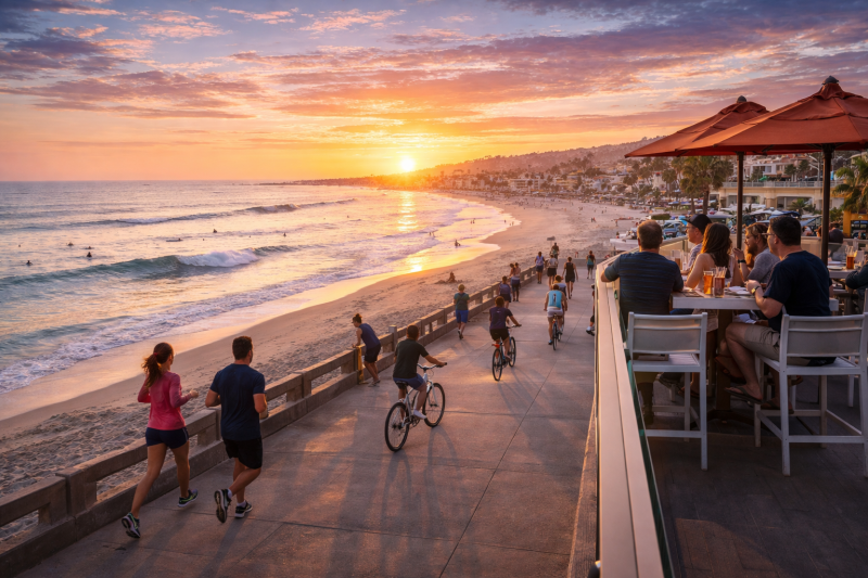 People jogging and biking along the Pacific Beach boardwalk at sunset with surfers in the ocean and rooftop dining overlooking the beach in San Diego