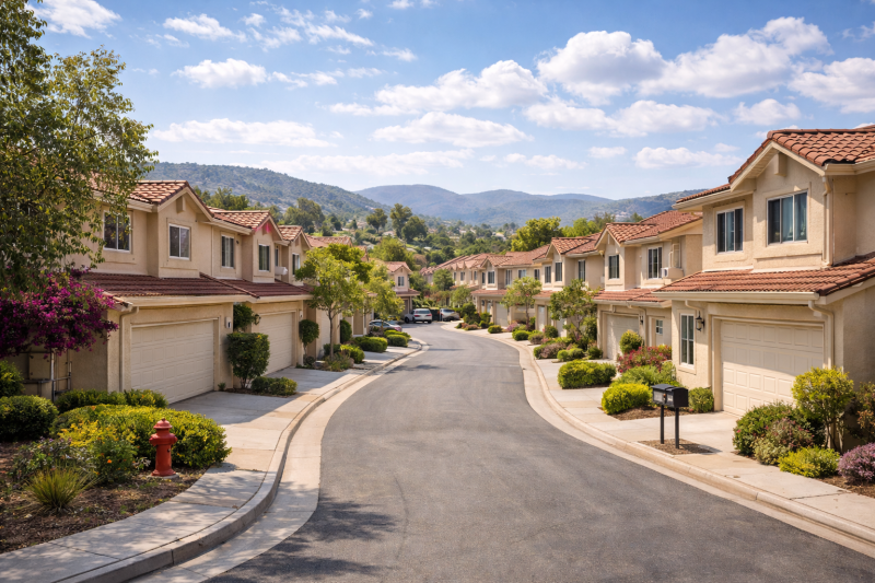 Light and airy view of a Rancho Bernardo townhome community featuring Mediterranean-style stucco homes with red tile roofs, landscaped sidewalks, and rolling hills in the background under a bright blue sky.