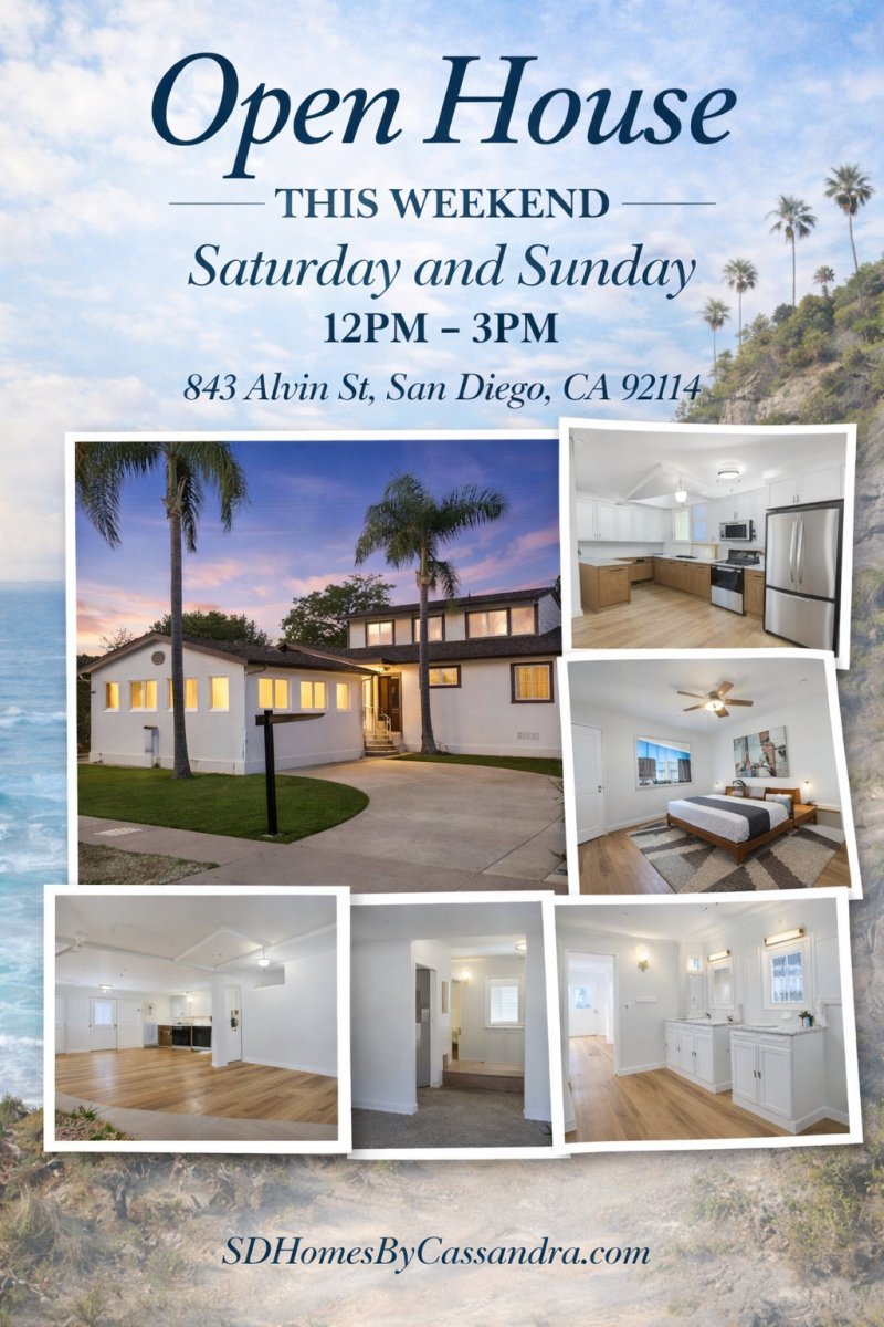 Open house at 843 Alvin St San Diego CA 92114 featuring a 6 bedroom 4 bathroom home with three separate living areas March 28 and 29