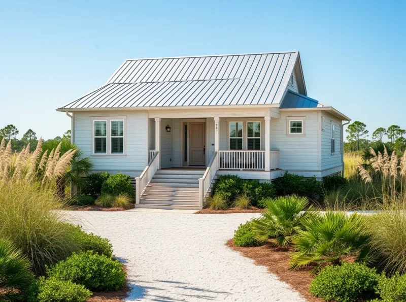 People-free coastal cottage exterior with metal roof and native landscaping in Santa Rosa Beach, Florida
