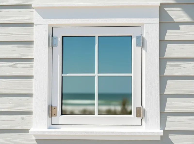 People-free close-up of coastal home details: window trim, caulking, and exterior hardware in Santa Rosa Beach, Florida