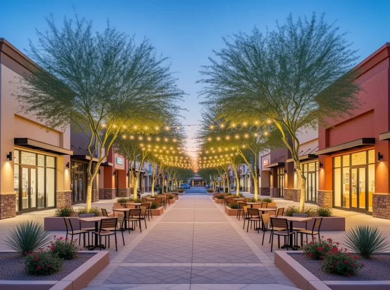 Evening gathering in an outdoor plaza in Gilbert, Arizona
