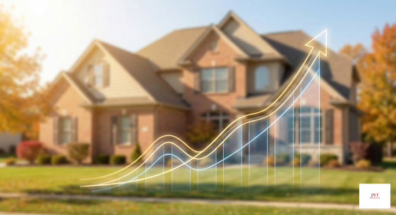 Bar chart style illustration showing rising home prices in Marysville Ohio with upward arrow, representing 24.8% median price growth in January 2026