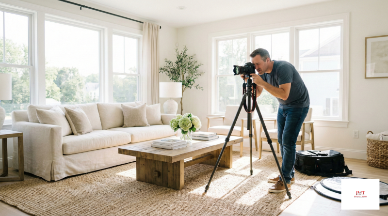 Professional photographer preparing to photograph a staged home interior for a Marysville Ohio listing