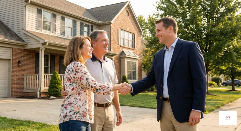 Jim West Team real estate agent shaking hands with Marysville Ohio homeowners after a successful home sale consultation