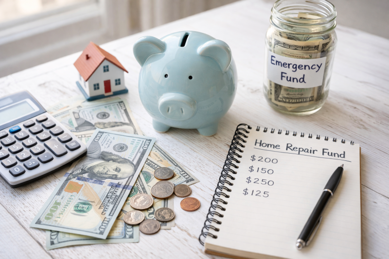 House savings fund concept - piggy bank and calculator for home maintenance