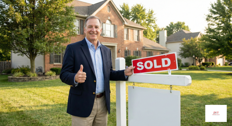 Jim West Team Realtor standing in front of a sold home in Marysville Ohio