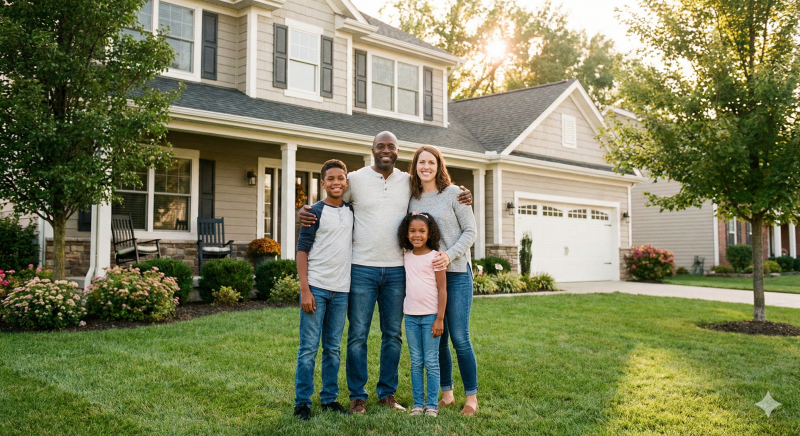 Happy family in front of their Marysville Ohio home