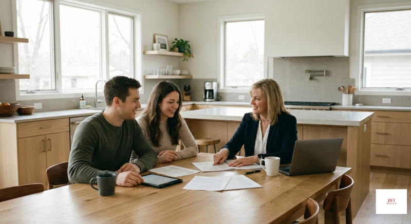 Young couple reviewing home buying documents with a real estate agent at a kitchen table in a Marysville Ohio home
