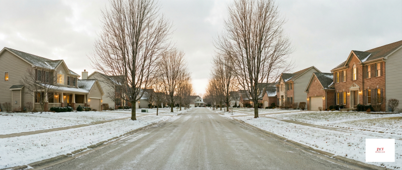 Marysville Ohio neighborhood street with well-maintained homes in winter, representing the January 2026 housing market