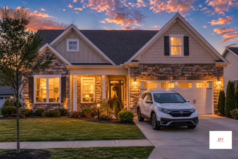A modern craftsman-style home with a stone veneer facade and illuminated windows at dusk in Marysville, Ohio, with a white Honda CR-V parked in the concrete driveway.