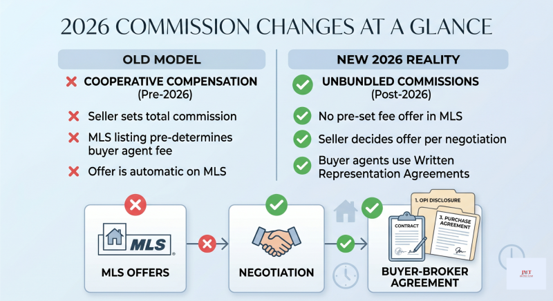 Infographic comparing pre-2026 cooperative compensation with the new post-2026 reality for Marysville FSBO sellers.