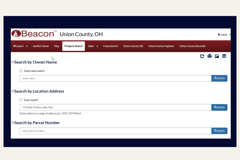 Branded magazine-style hero image for a Marysville FSBO pricing guide, showing the Beacon property search interface from the Union County Auditor with a Marysville, Ohio address pre-filled in the location search field.