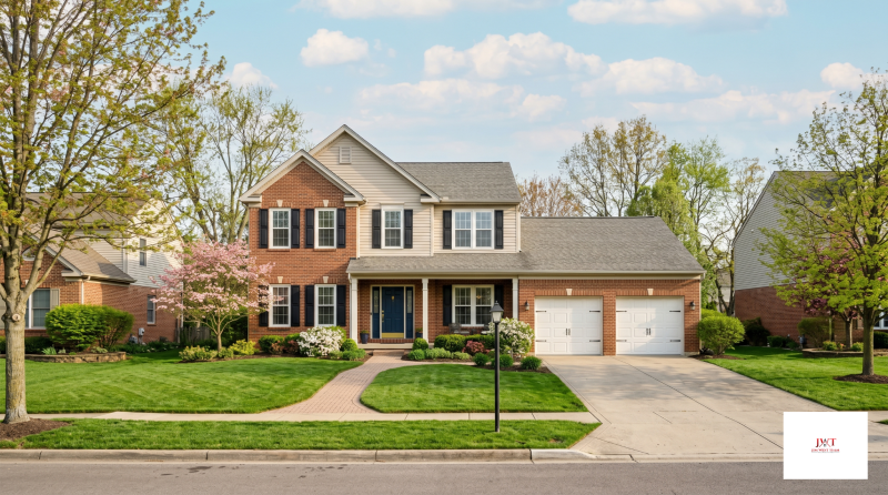 Marysville Ohio homes for sale spring 2026 — two-story colonial brick home with spring landscaping in Union County