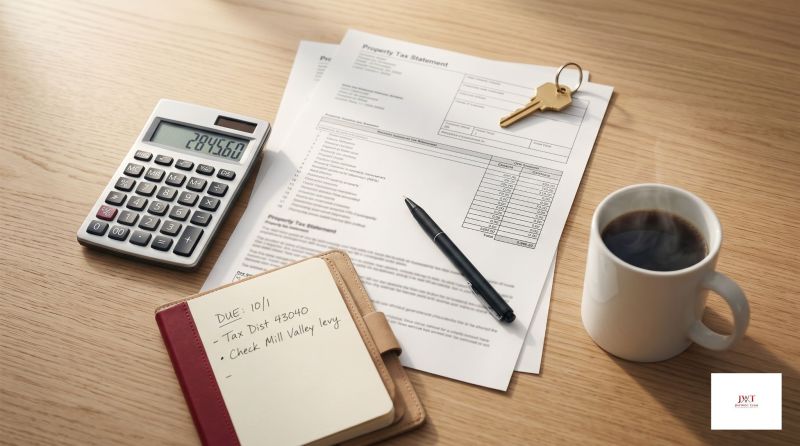 Overhead flat-lay of a wooden desk with a property tax statement, a calculator, a brass house key, a coffee mug, and a leather notebook with handwritten notes referencing tax district 43040 and a Mill Valley levy in Marysville, Ohio.