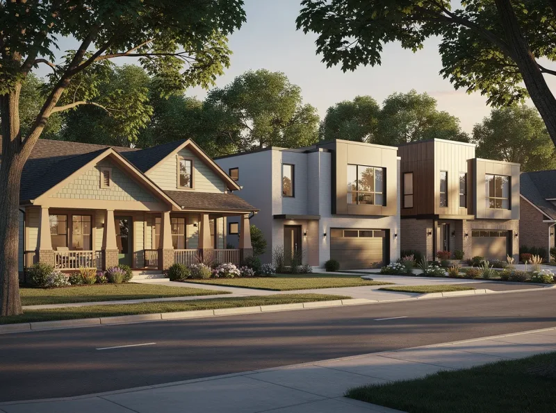 Residential street with craftsman and modern homes in Nashville