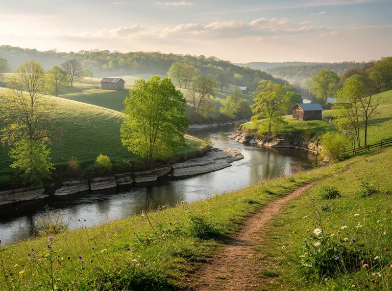 Rolling hills and creek landscape in Middle Tennessee