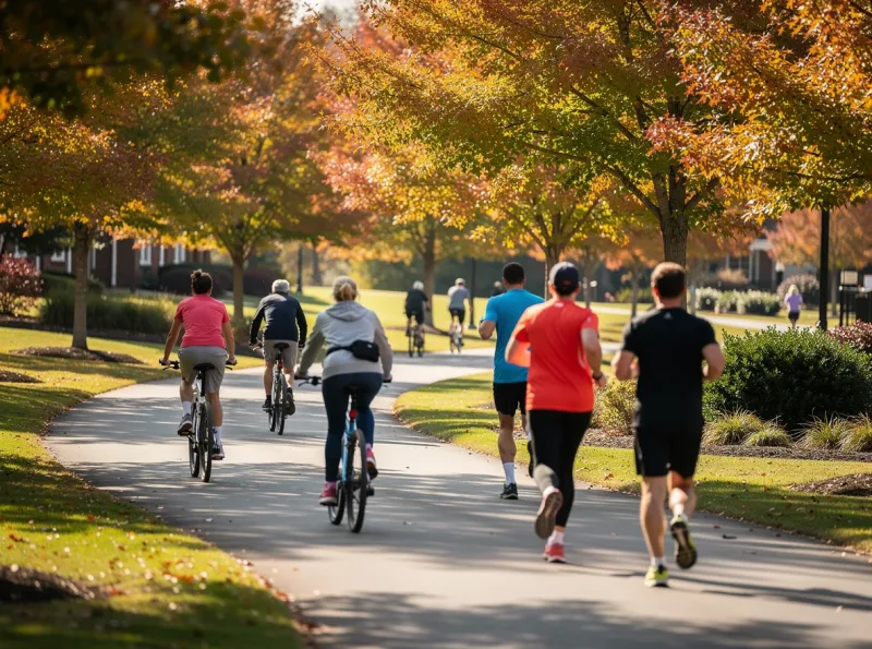 Cyclists and runners on a greenway path in Brentwood, Tennessee
