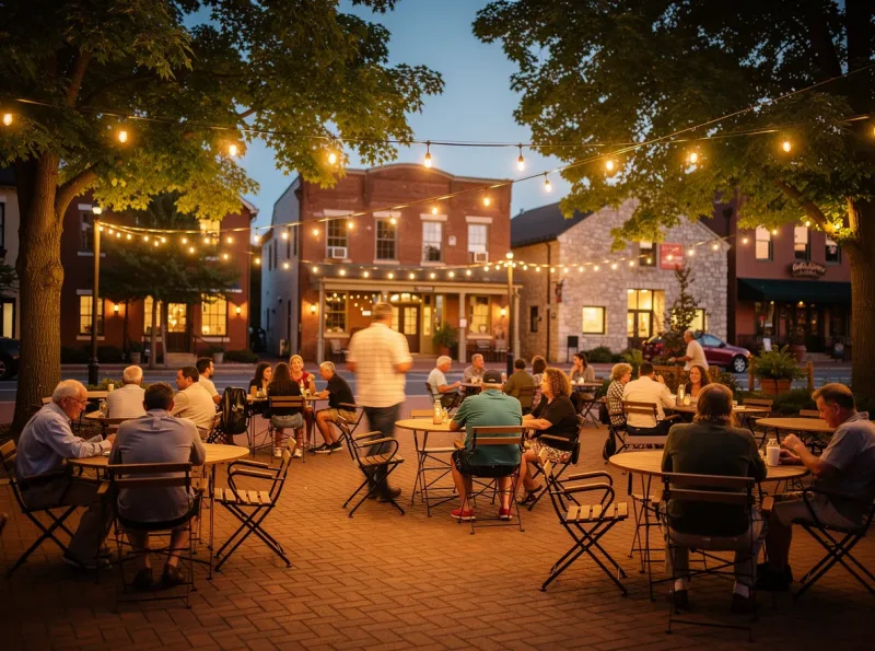 Community gathering with warm evening lights in Franklin, Tennessee