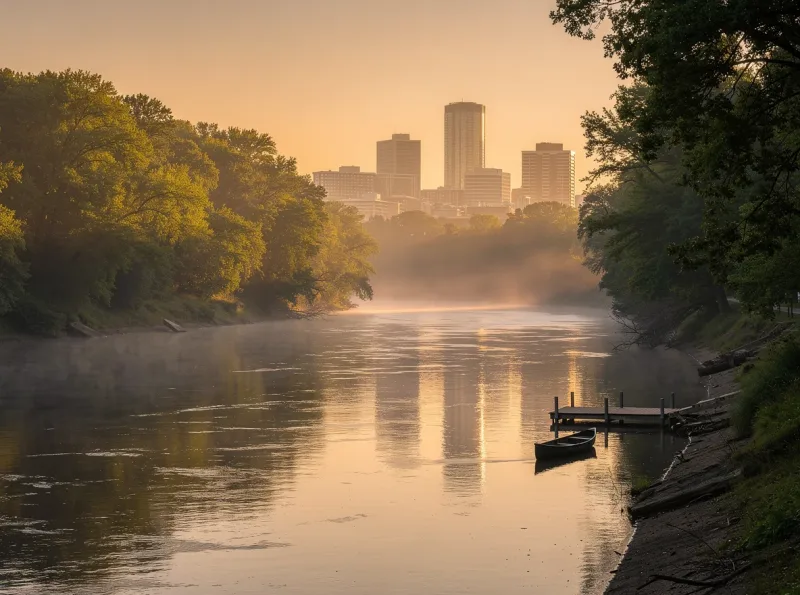 Sunset along the Cumberland River near the Nashville skyline