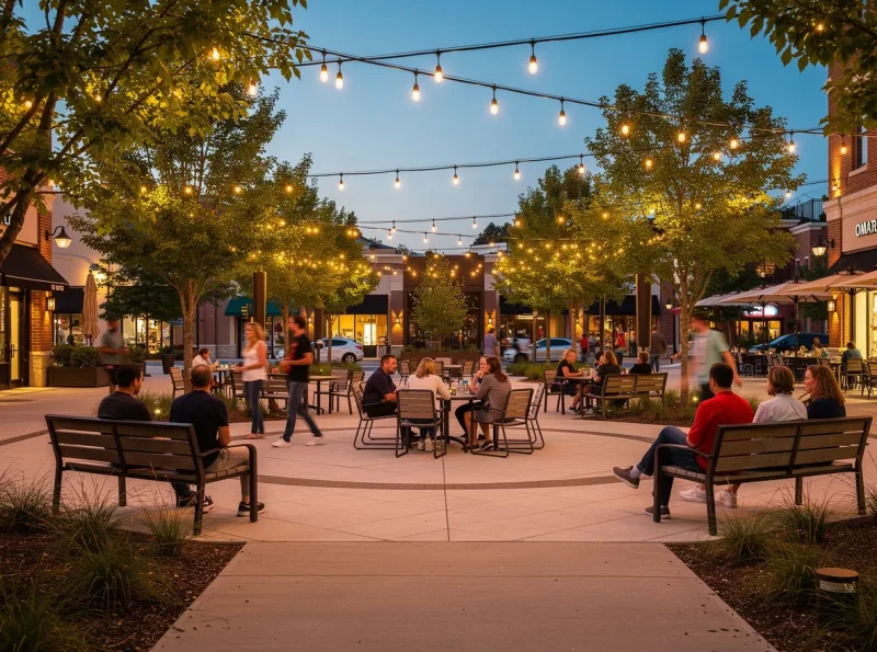 Evening community gathering in an outdoor plaza in Cool Springs