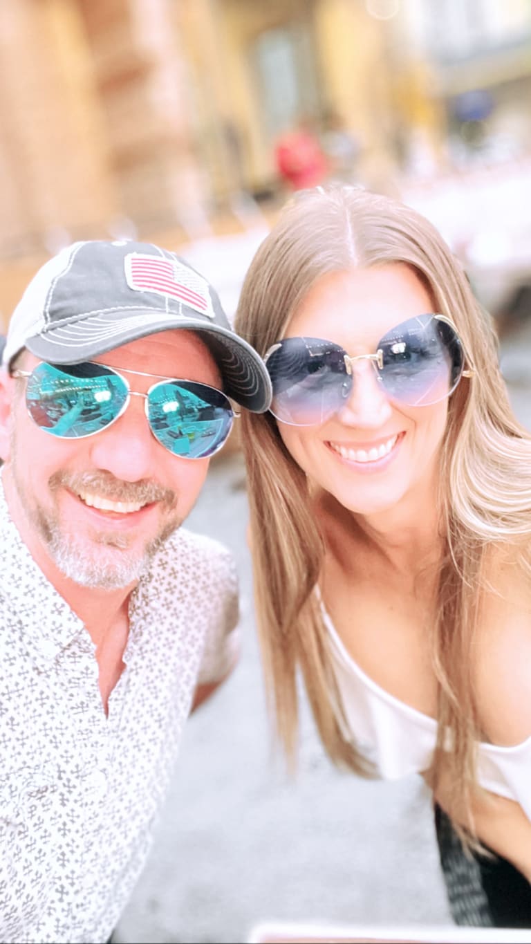 Steavy and Sean Carter wearing sunglasses, posing at the AT&T Discovery District — fun and modern duo branding.