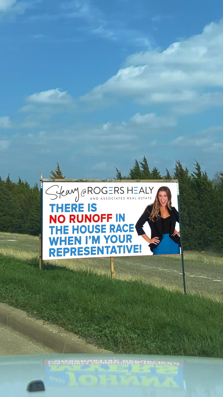 Parody election-style banner with Steavy Carter: 'There’s no runoff in the house race when I’m your representative' — bold and humorous real estate branding.