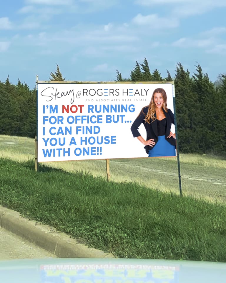 Alternate parody billboard featuring Steavy Carter’s slogan — real estate humor meets creative advertising.