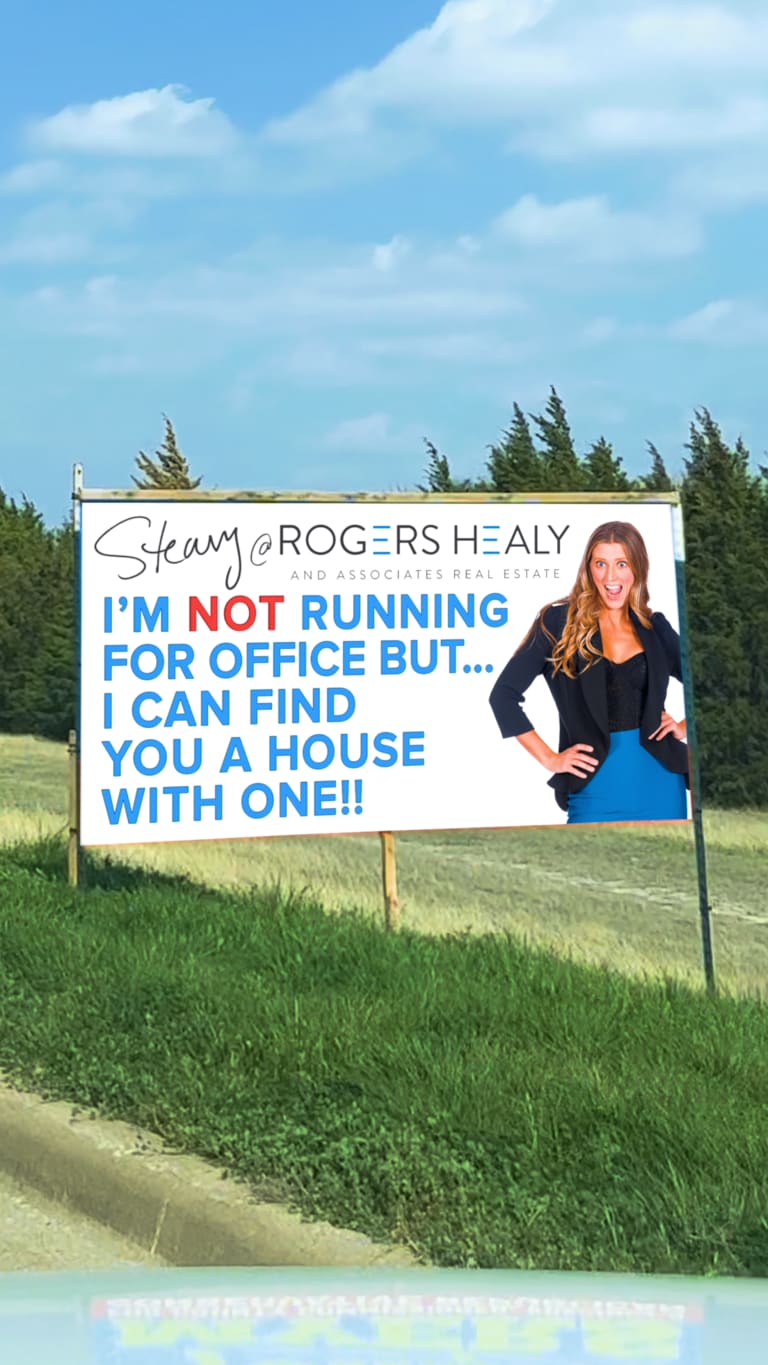 Parody billboard with Steavy Carter: 'I’m not running for office, but I can find you a house with one' — witty marketing concept.