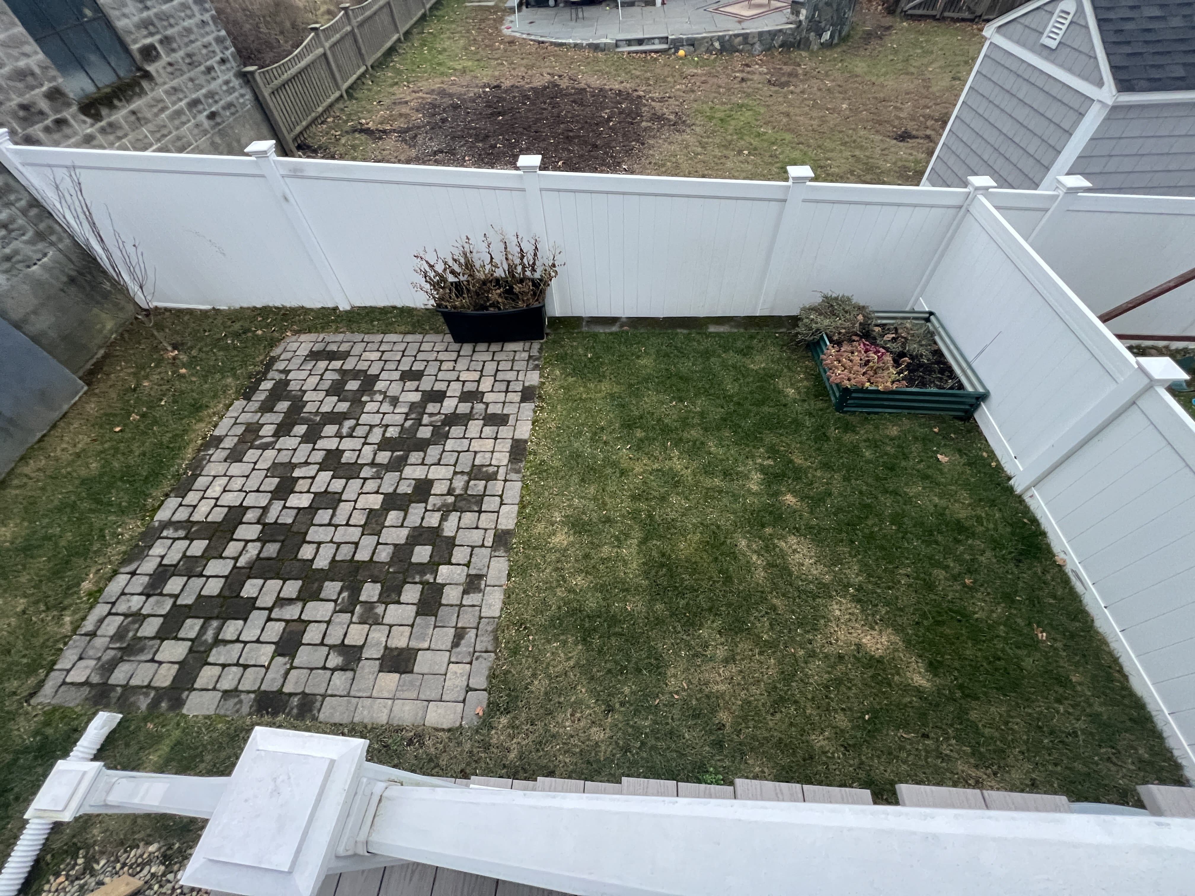 fenced yard, patio, raised beds