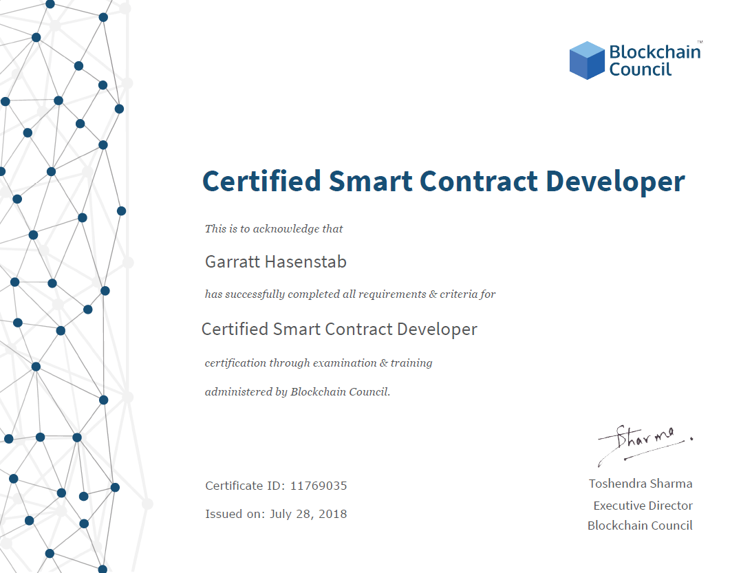 Garratt Hasenstab earns Certified Smart Contract Developer™ credential inception-app-prod/OWUwMDJhZTctNjIzMC00YWQ4LWEwMmUtNjlhMTQ4MGZiNzAz/content/2018/07/Certified Smart Contract Developer credential.png
