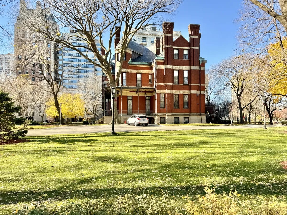 Red brick mansion with many chimneys at North Avenue and State Parkway in the Gold Coast, Chicago