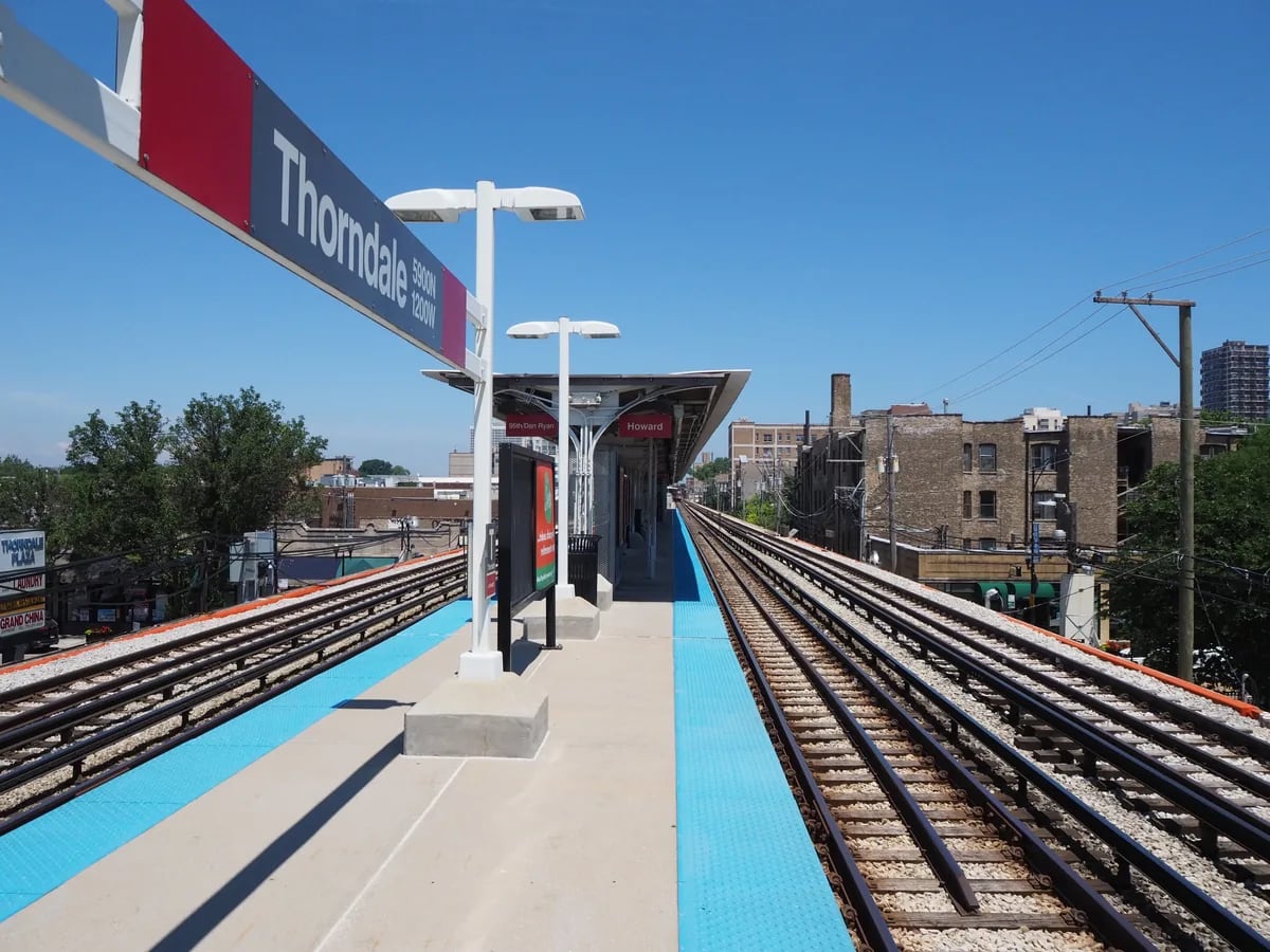 Elevated Thorndale Red Line station platform and tracks under a blue sky in Edgewater, Chicago