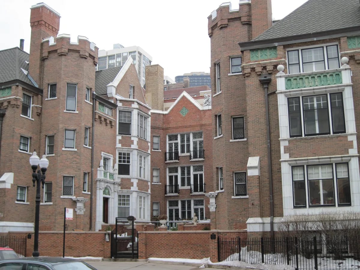 Tudor Revival Manor House with rounded corner towers in the Bryn Mawr Historic District of Edgewater, Chicago
