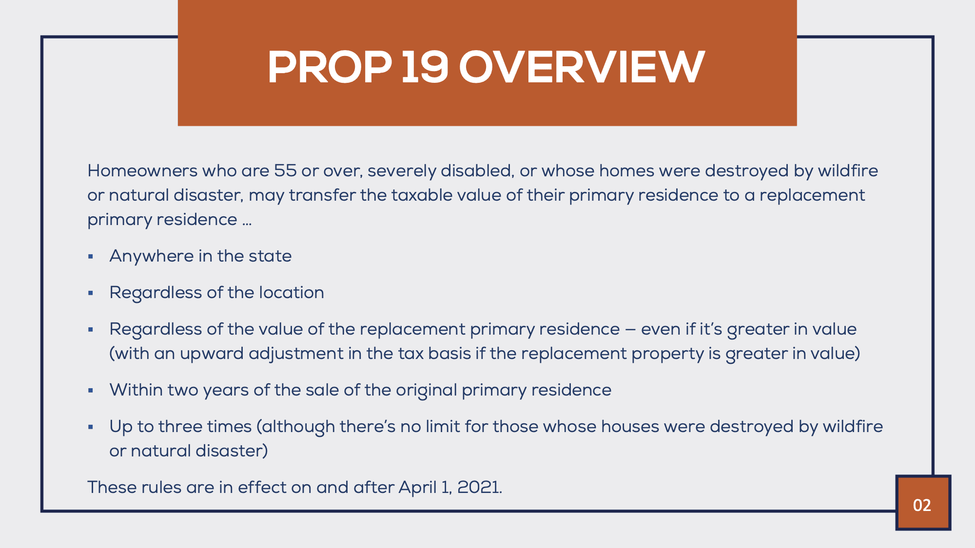 Proposition 19 Overview