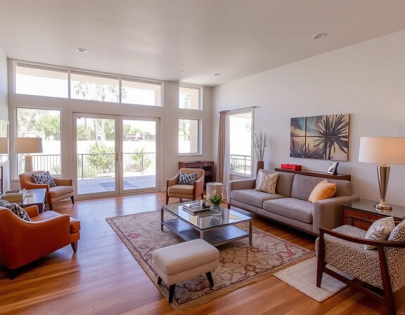 Bright staged Palm Springs condo living room