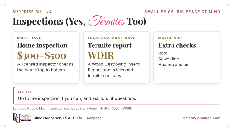 Inspections for Louisiana buyers: a home inspection for about $300 to $500, a termite report called a WDIR, and maybe roof, sewer line, and heating and air checks.