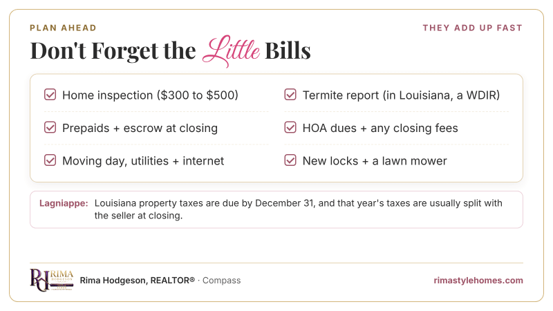 Little bills to plan for: a home inspection ($300 to $500), a termite report (WDIR), prepaids and escrow, HOA dues and fees, moving day and utilities, and new locks and a lawn mower.