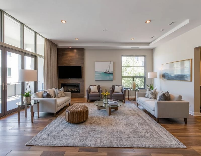 Illustration of a staged living room with neutral furnishings and large windows